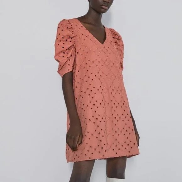 Zara Perforated Embroidery Balloon Sleeve Dress - Picture 1 of 15